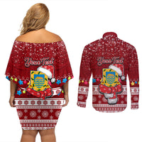 Personalised Tuvalu Christmas Couples Matching Off Shoulder Short Dress and Long Sleeve Button Shirt Snowman and Tuvalu Coat of Arms Maori Tribal Xmas Style LT03 - Polynesian Pride