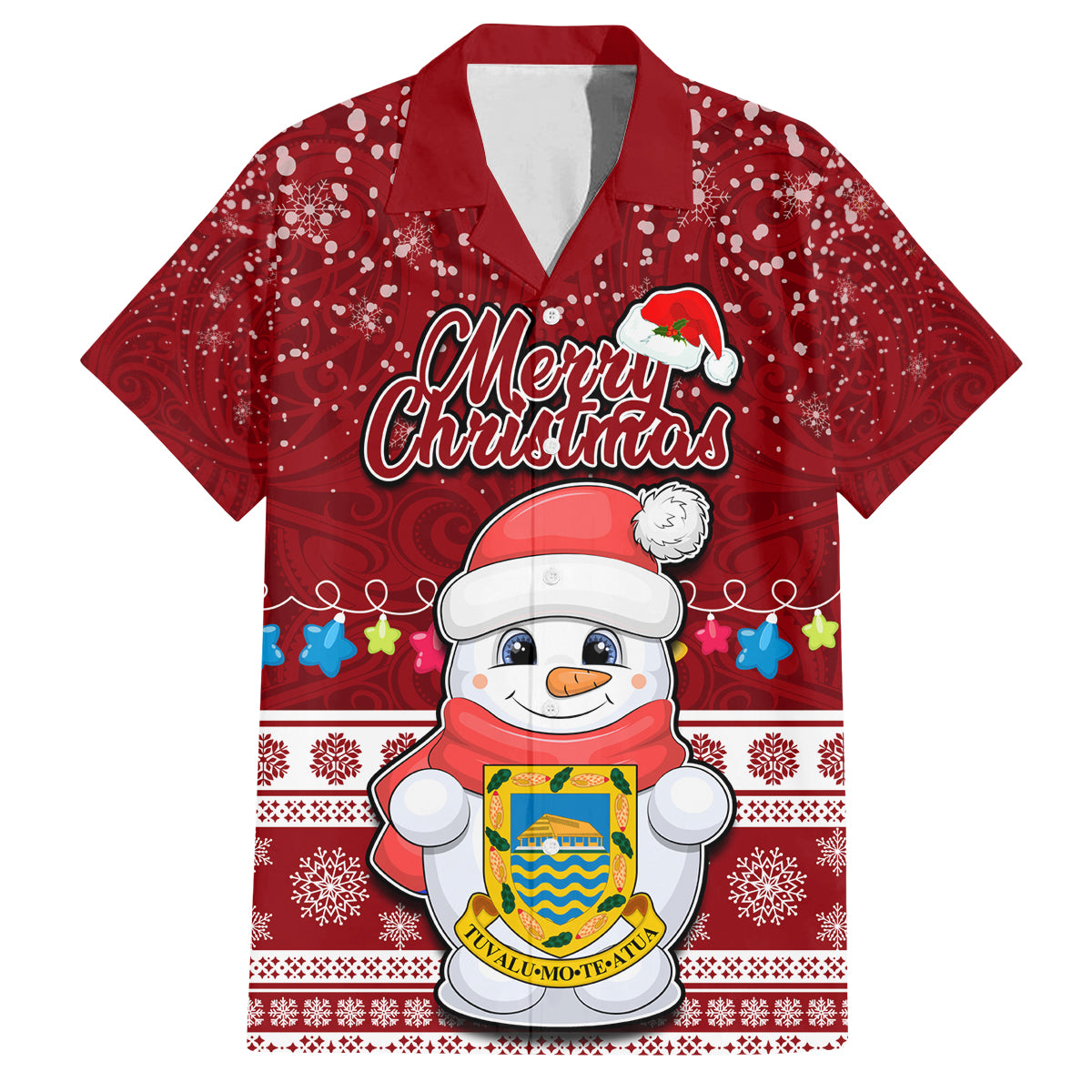 Personalised Tuvalu Christmas Family Matching Puletasi Dress and Hawaiian Shirt Snowman and Tuvalu Coat of Arms Maori Tribal Xmas Style LT03 Dad's Shirt - Short Sleeve Red - Polynesian Pride