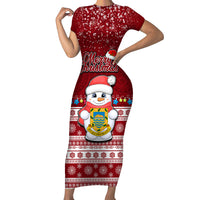 Personalised Tuvalu Christmas Family Matching Short Sleeve Bodycon Dress and Hawaiian Shirt Snowman and Tuvalu Coat of Arms Maori Tribal Xmas Style LT03 Mom's Dress Red - Polynesian Pride