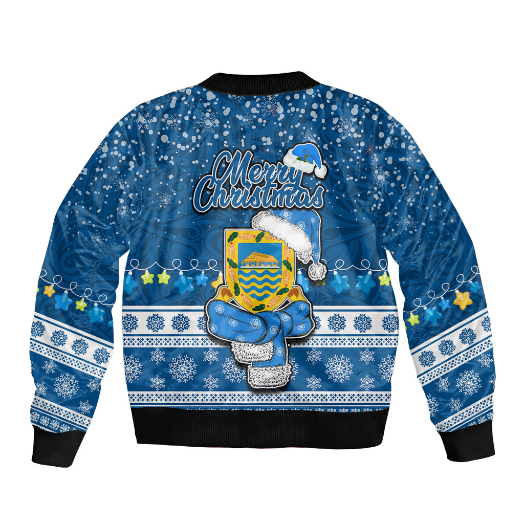 Tuvalu Christmas Bomber Jacket Snowman Hugs Tuvalu Coat of Arms Maori Pattern Blue Style LT03 - Polynesian Pride