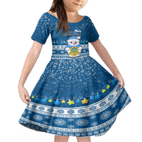 Tuvalu Christmas Family Matching Off Shoulder Long Sleeve Dress and Hawaiian Shirt Snowman Hugs Tuvalu Coat of Arms Maori Pattern Blue Style LT03 Daughter's Dress Blue - Polynesian Pride