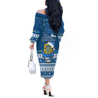 Tuvalu Christmas Off The Shoulder Long Sleeve Dress Snowman Hugs Tuvalu Coat of Arms Maori Pattern Blue Style LT03 - Polynesian Pride
