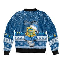 Personalised Tuvalu Christmas Bomber Jacket Snowman Hugs Tuvalu Coat of Arms Maori Pattern Blue Style LT03 - Polynesian Pride