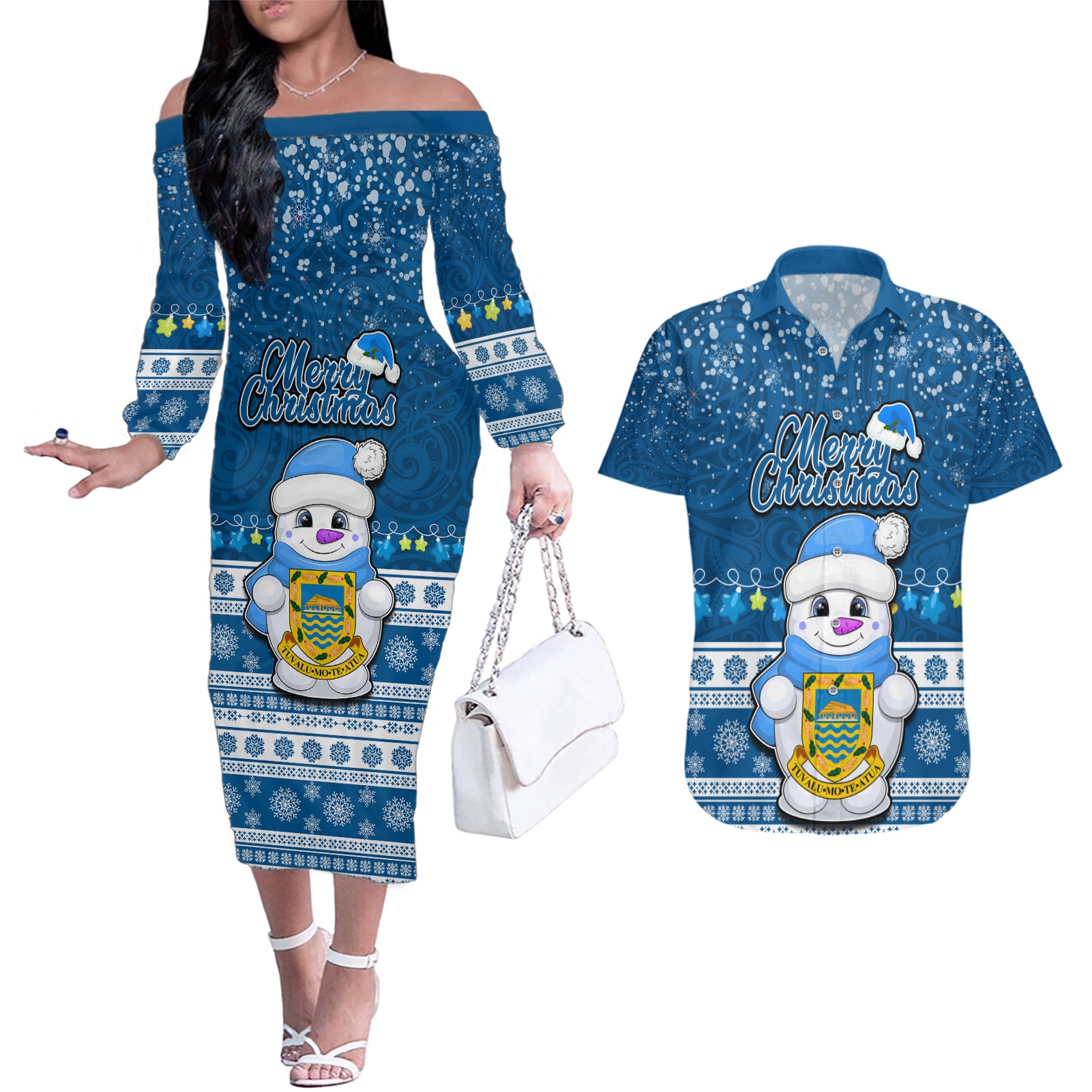 Personalised Tuvalu Christmas Couples Matching Off The Shoulder Long Sleeve Dress and Hawaiian Shirt Snowman Hugs Tuvalu Coat of Arms Maori Pattern Blue Style LT03 Blue - Polynesian Pride