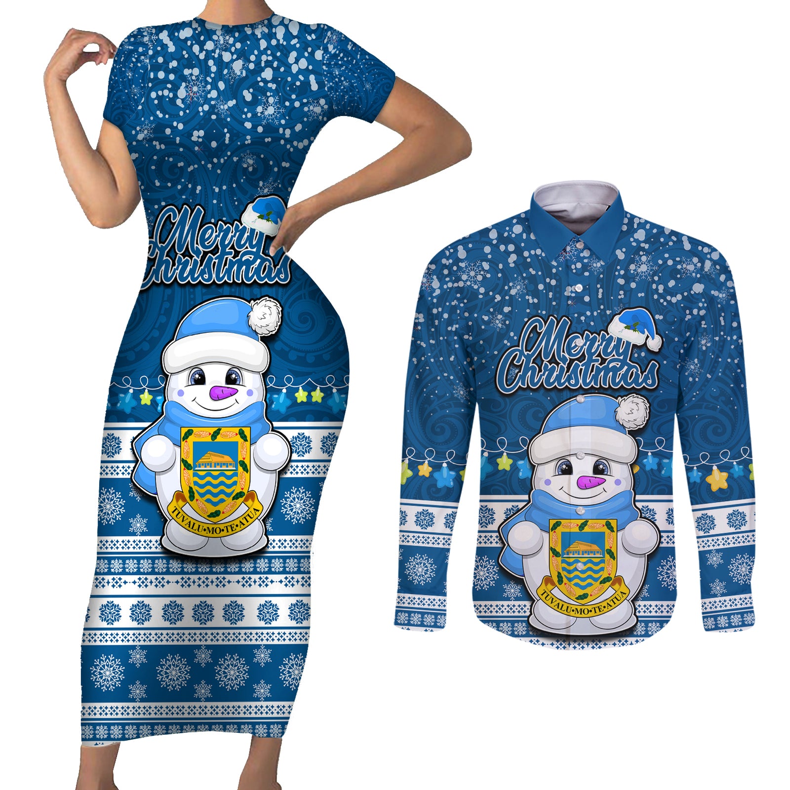 Personalised Tuvalu Christmas Couples Matching Short Sleeve Bodycon Dress and Long Sleeve Button Shirt Snowman Hugs Tuvalu Coat of Arms Maori Pattern Blue Style LT03 Blue - Polynesian Pride