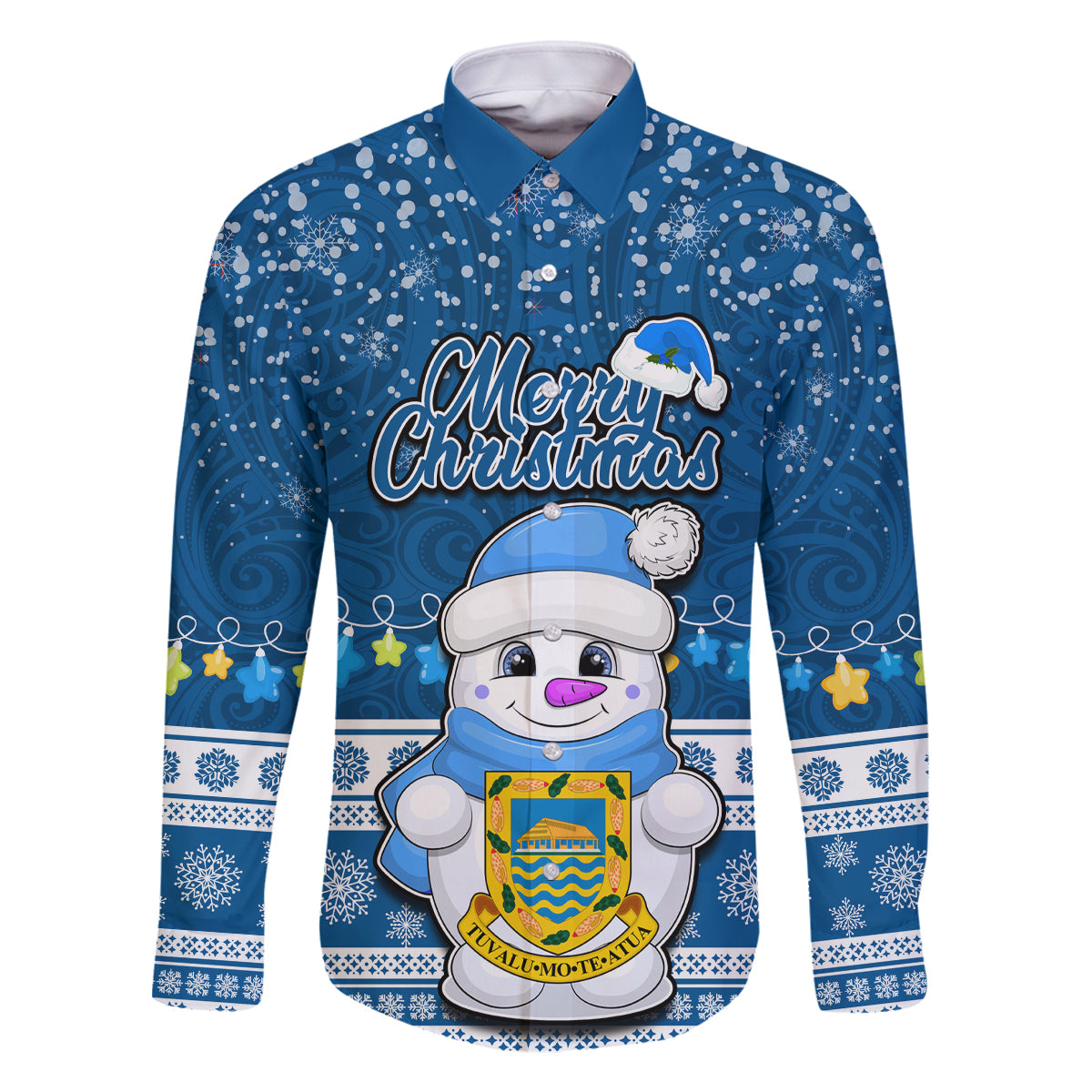 Personalised Tuvalu Christmas Family Matching Off Shoulder Short Dress and Hawaiian Shirt Snowman Hugs Tuvalu Coat of Arms Maori Pattern Blue Style LT03 Dad's Shirt - Long Sleeve Blue - Polynesian Pride