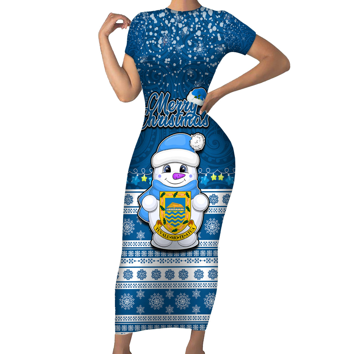 Personalised Tuvalu Christmas Family Matching Short Sleeve Bodycon Dress and Hawaiian Shirt Snowman Hugs Tuvalu Coat of Arms Maori Pattern Blue Style LT03 Mom's Dress Blue - Polynesian Pride