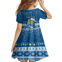 Personalised Tuvalu Christmas Kid Short Sleeve Dress Snowman Hugs Tuvalu Coat of Arms Maori Pattern Blue Style LT03 - Polynesian Pride