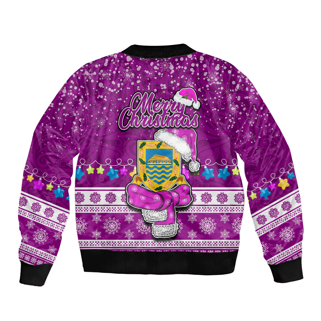 Tuvalu Christmas Bomber Jacket Snowman Hugs Tuvalu Coat of Arms Maori Pattern Pink Style LT03 - Polynesian Pride