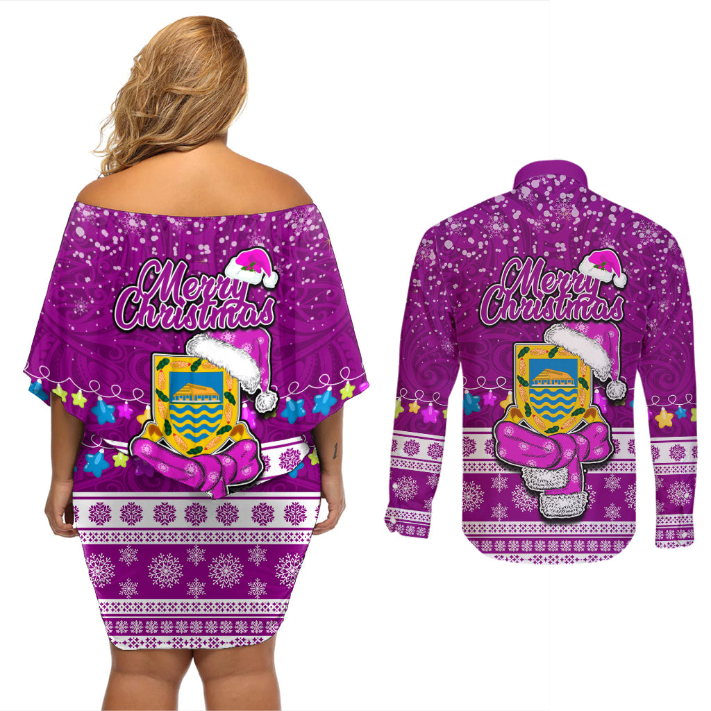 Tuvalu Christmas Couples Matching Off Shoulder Short Dress and Long Sleeve Button Shirt Snowman Hugs Tuvalu Coat of Arms Maori Pattern Pink Style LT03 - Polynesian Pride