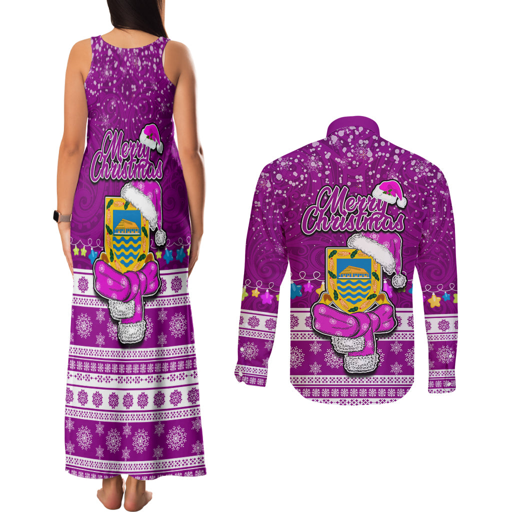 Tuvalu Christmas Couples Matching Tank Maxi Dress and Long Sleeve Button Shirt Snowman Hugs Tuvalu Coat of Arms Maori Pattern Pink Style LT03 - Polynesian Pride