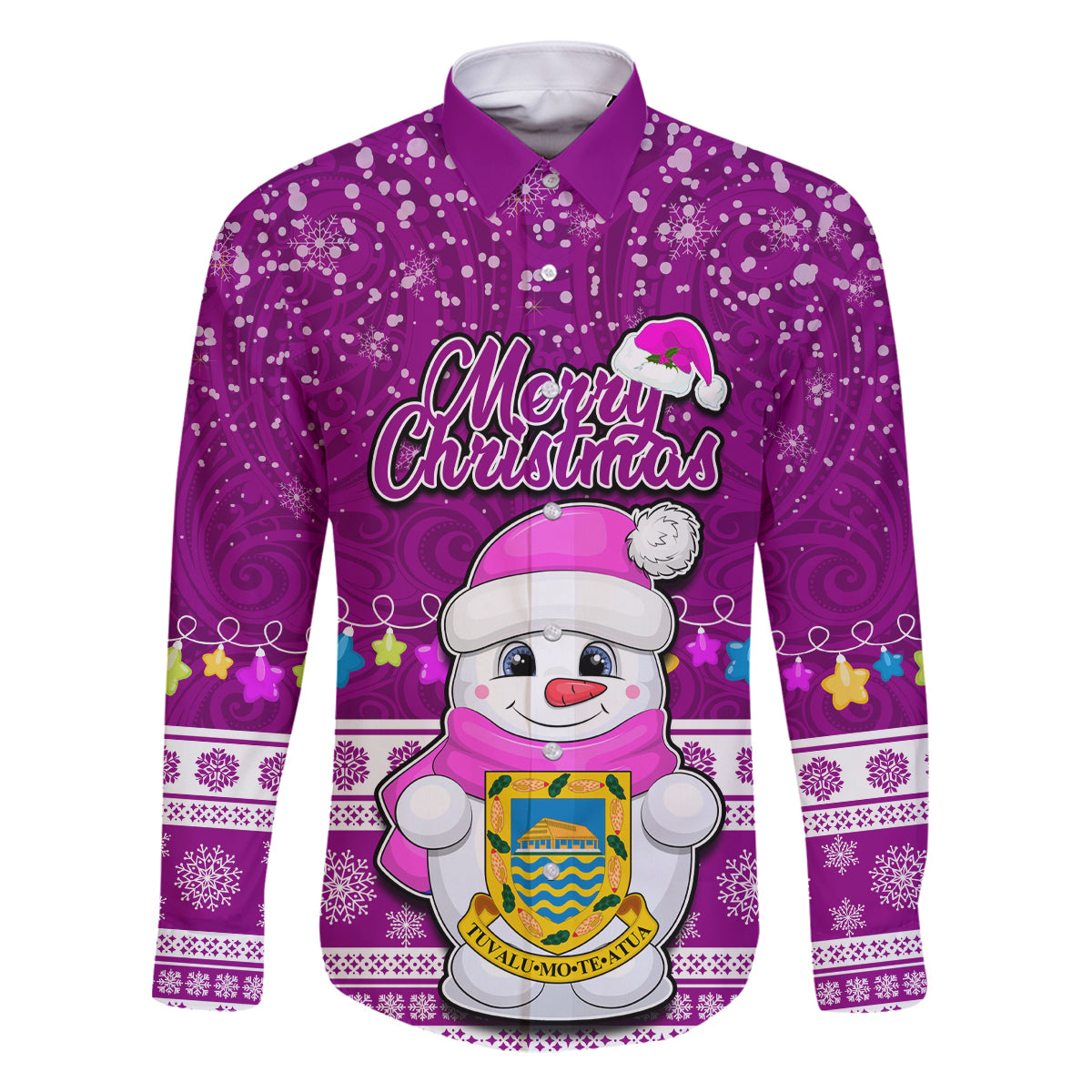 Tuvalu Christmas Family Matching Off Shoulder Short Dress and Hawaiian Shirt Snowman Hugs Tuvalu Coat of Arms Maori Pattern Pink Style LT03 Dad's Shirt - Long Sleeve Pink - Polynesian Pride