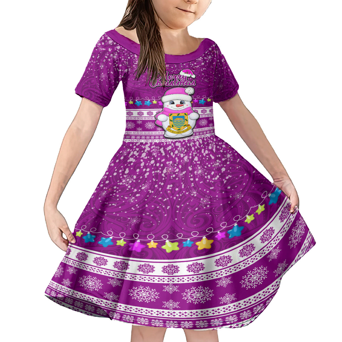 Tuvalu Christmas Kid Short Sleeve Dress Snowman Hugs Tuvalu Coat of Arms Maori Pattern Pink Style LT03 KID Pink - Polynesian Pride