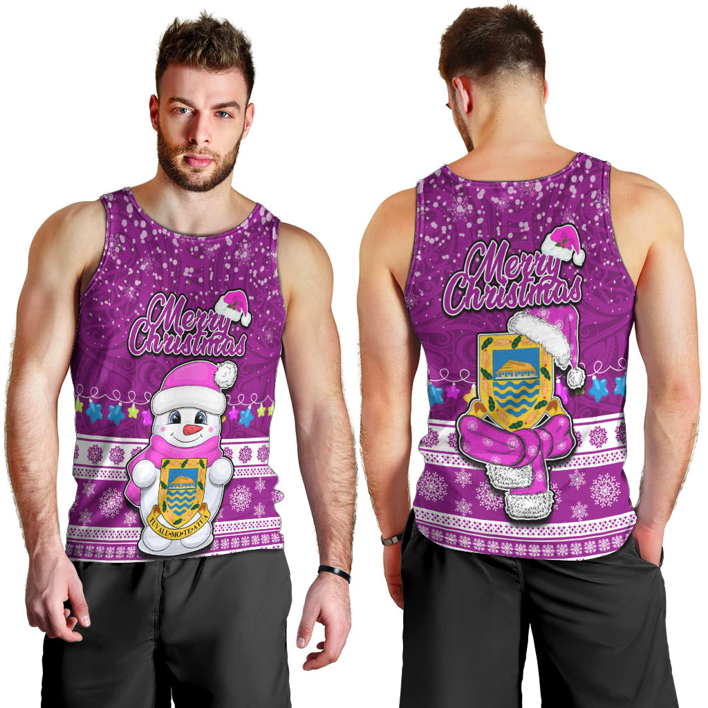 Tuvalu Christmas Men Tank Top Snowman Hugs Tuvalu Coat of Arms Maori Pattern Pink Style LT03 - Polynesian Pride