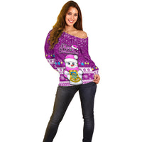 Tuvalu Christmas Off Shoulder Sweater Snowman Hugs Tuvalu Coat of Arms Maori Pattern Pink Style LT03 - Polynesian Pride