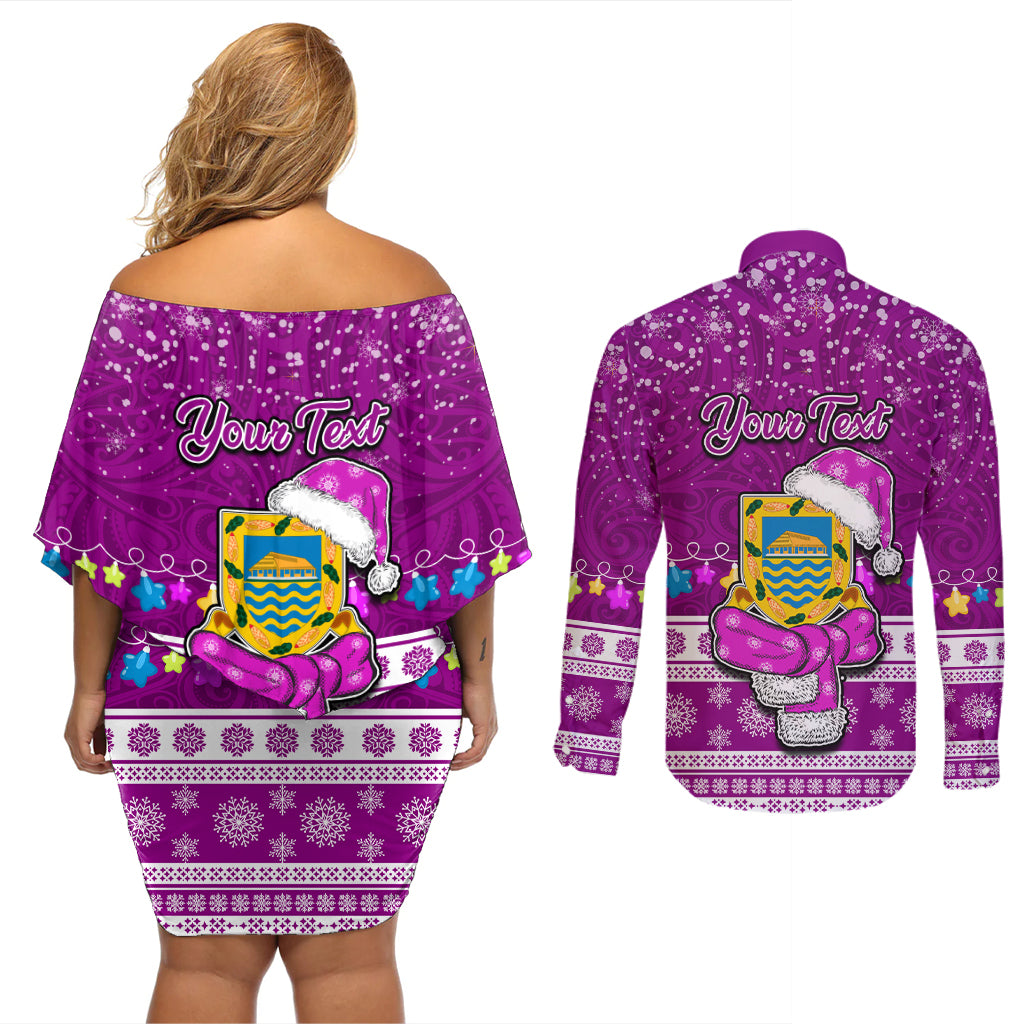 Personalised Tuvalu Christmas Couples Matching Off Shoulder Short Dress and Long Sleeve Button Shirt Snowman Hugs Tuvalu Coat of Arms Maori Pattern Pink Style LT03 - Polynesian Pride