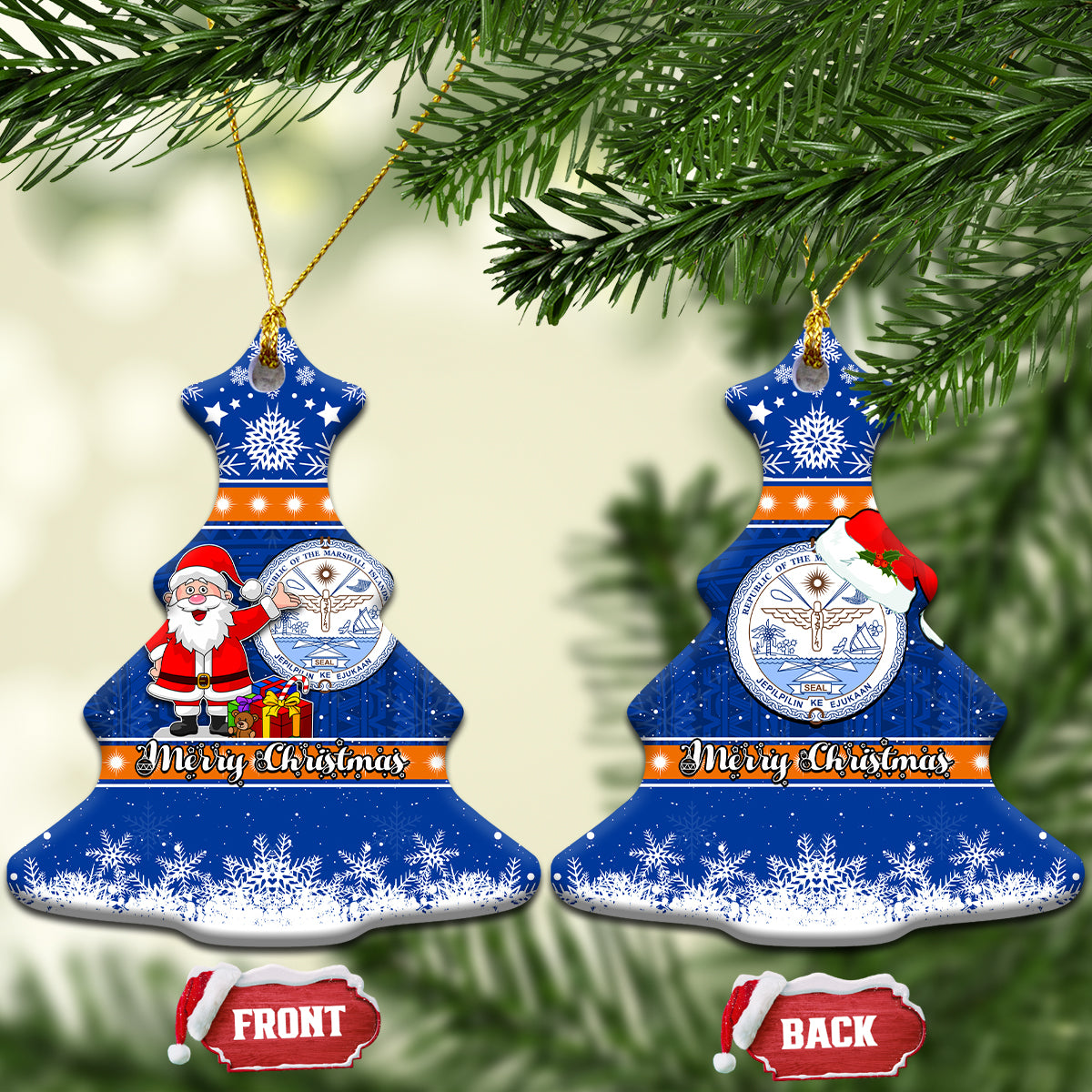 Marshall Islands Christmas Ceramic Ornament Santa Claus and Coat of Arms Mix Polynesian Xmas Style LT03 Christmas Tree Blue - Polynesian Pride