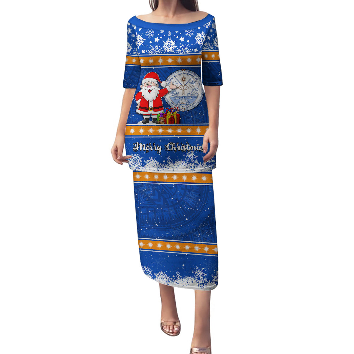 Marshall Islands Christmas Family Matching Puletasi Dress and Hawaiian Shirt Santa Claus and Coat of Arms Mix Polynesian Xmas Style LT03 Mom's Dress Blue - Polynesian Pride