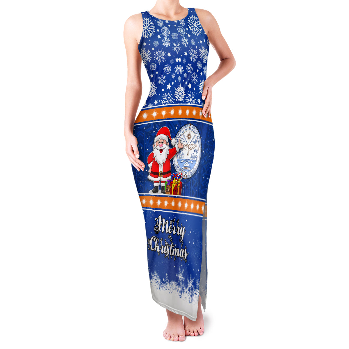 Marshall Islands Christmas Family Matching Tank Maxi Dress and Hawaiian Shirt Santa Claus and Coat of Arms Mix Polynesian Xmas Style LT03 Mom's Dress Blue - Polynesian Pride