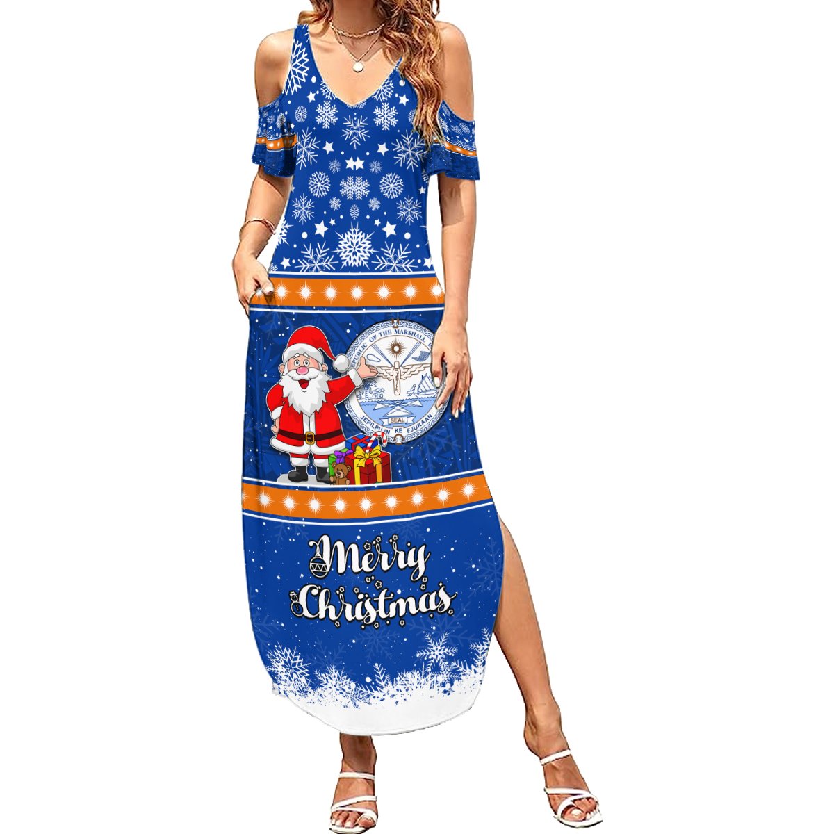 Marshall Islands Christmas Summer Maxi Dress Santa Claus and Coat of Arms Mix Polynesian Xmas Style LT03 Women Blue - Polynesian Pride