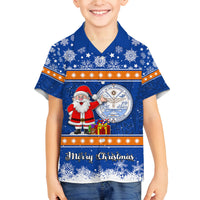 Personalised Marshall Islands Christmas Family Matching Off Shoulder Short Dress and Hawaiian Shirt Santa Claus and Coat of Arms Mix Polynesian Xmas Style LT03 Son's Shirt Blue - Polynesian Pride