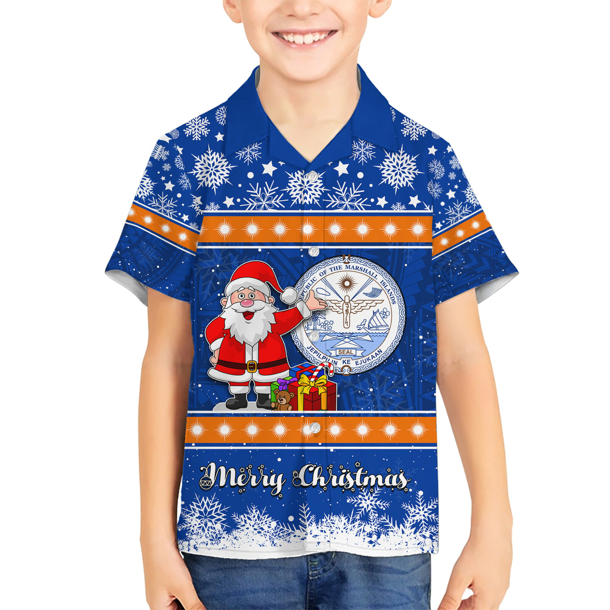 Personalised Marshall Islands Christmas Family Matching Short Sleeve Bodycon Dress and Hawaiian Shirt Santa Claus and Coat of Arms Mix Polynesian Xmas Style LT03 Son's Shirt Blue - Polynesian Pride