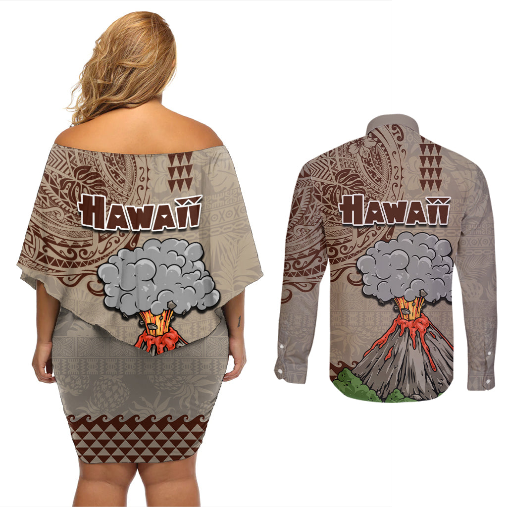 Hawaii Couples Matching Off Shoulder Short Dress and Long Sleeve Button Shirt Aloha Volcano Mix Kakau Hawaiian Tribal LT03 - Polynesian Pride