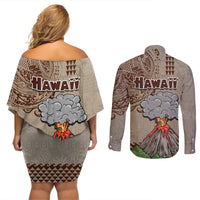 Hawaii Couples Matching Off Shoulder Short Dress and Long Sleeve Button Shirt Aloha Volcano Mix Kakau Hawaiian Tribal LT03 - Polynesian Pride