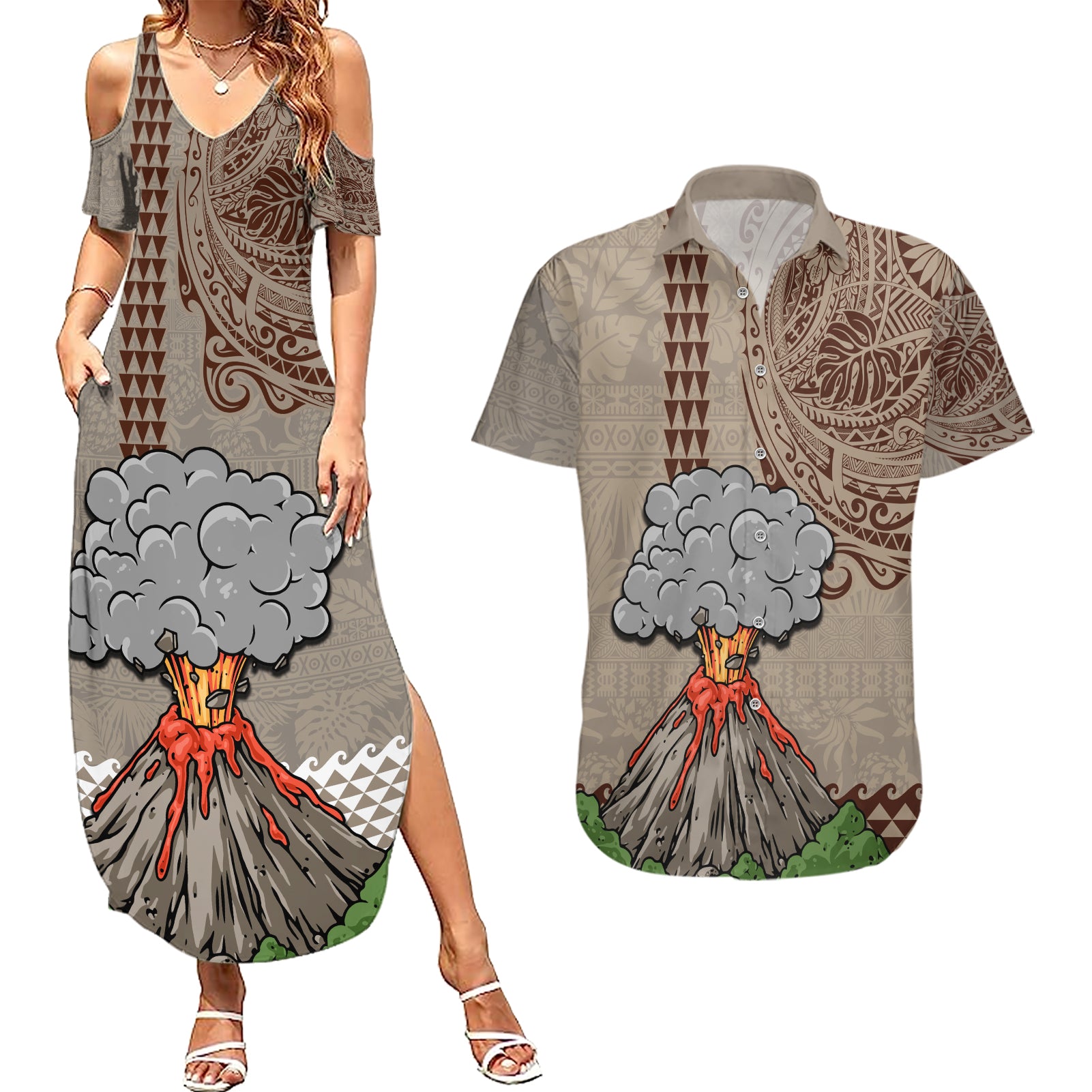 Hawaii Couples Matching Summer Maxi Dress and Hawaiian Shirt Aloha Volcano Mix Kakau Hawaiian Tribal LT03 Beige - Polynesian Pride
