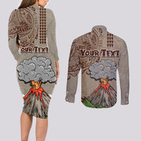 Aloha Volcano Custom Couples Matching Long Sleeve Bodycon Dress and Long Sleeve Button Shirt Mix Hawaiian Kakau Tribal LT03 - Polynesian Pride