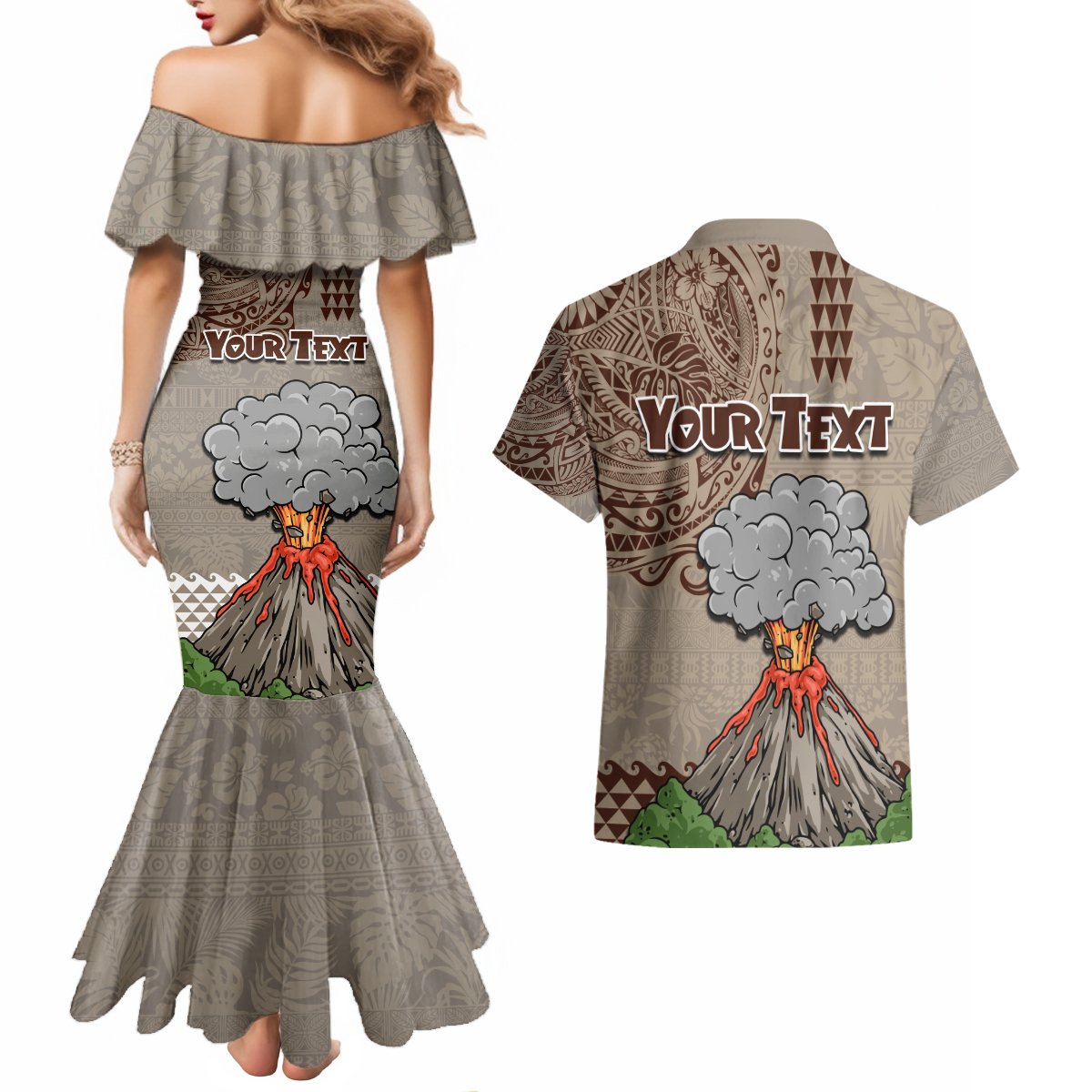 Aloha Volcano Custom Couples Matching Mermaid Dress and Hawaiian Shirt Mix Hawaiian Kakau Tribal LT03 - Polynesian Pride