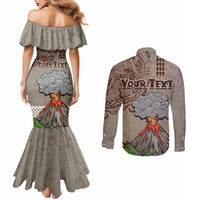 Aloha Volcano Custom Couples Matching Mermaid Dress and Long Sleeve Button Shirt Mix Hawaiian Kakau Tribal LT03 - Polynesian Pride