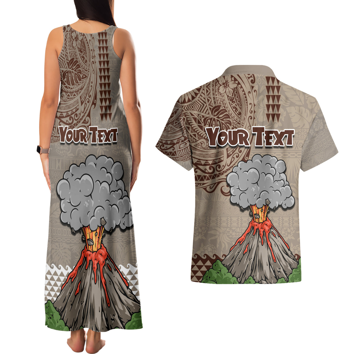 Aloha Volcano Custom Couples Matching Tank Maxi Dress and Hawaiian Shirt Mix Hawaiian Kakau Tribal LT03 - Polynesian Pride