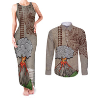 Aloha Volcano Custom Couples Matching Tank Maxi Dress and Long Sleeve Button Shirt Mix Hawaiian Kakau Tribal LT03 Beige - Polynesian Pride
