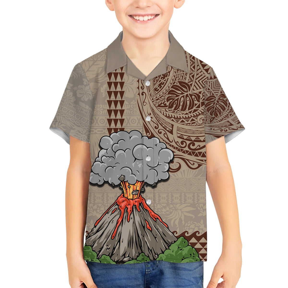 Aloha Volcano Custom Family Matching Off Shoulder Long Sleeve Dress and Hawaiian Shirt Mix Hawaiian Kakau Tribal LT03 Son's Shirt Beige - Polynesian Pride
