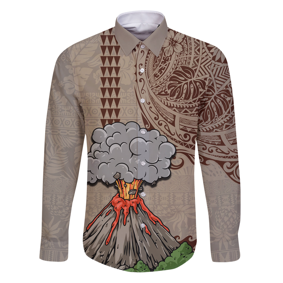Aloha Volcano Custom Family Matching Puletasi Dress and Hawaiian Shirt Mix Hawaiian Kakau Tribal LT03 Dad's Shirt - Long Sleeve Beige - Polynesian Pride