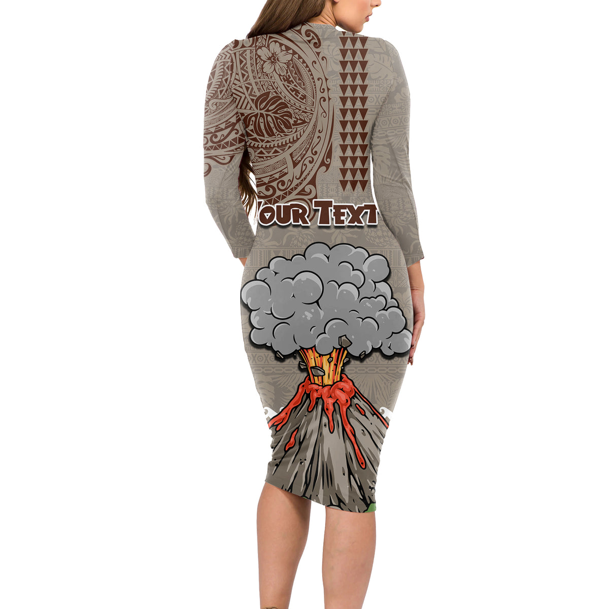 Aloha Volcano Custom Long Sleeve Bodycon Dress Mix Hawaiian Kakau Tribal LT03 - Polynesian Pride