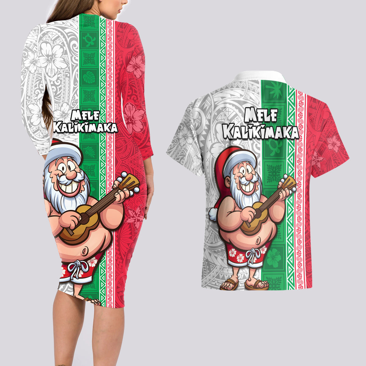 Hawaii Mele Kalikimaka Couples Matching Long Sleeve Bodycon Dress and Hawaiian Shirt Santa Playing Ukele Mix Kakau Pattern Xmas Style LT03 - Polynesian Pride