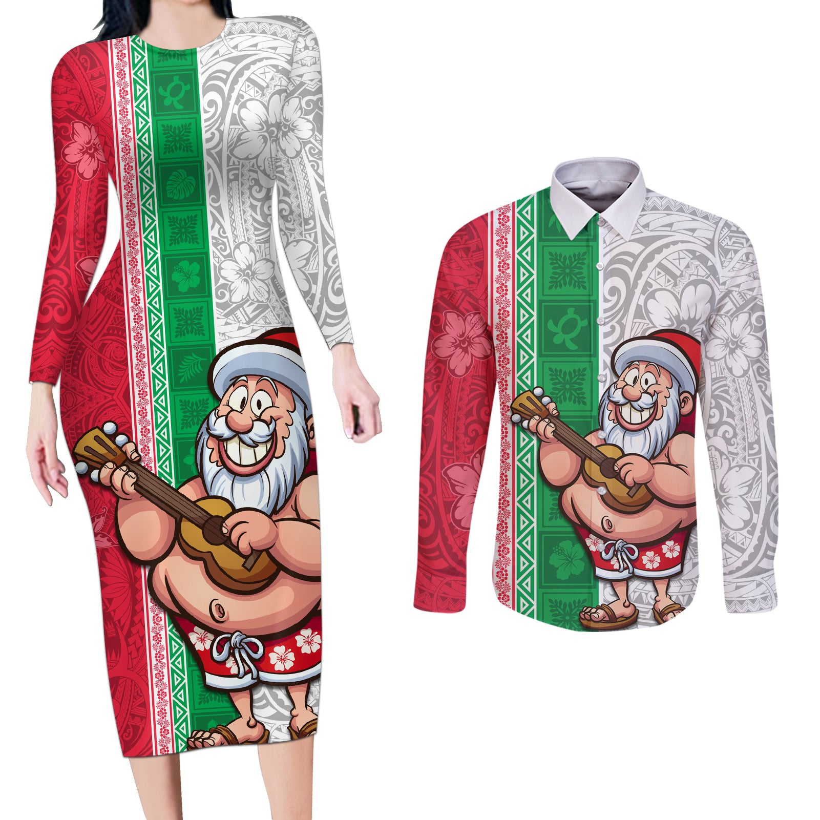 Hawaii Mele Kalikimaka Couples Matching Long Sleeve Bodycon Dress and Long Sleeve Button Shirt Santa Playing Ukele Mix Kakau Pattern Xmas Style LT03 Red - Polynesian Pride