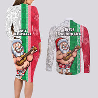 Hawaii Mele Kalikimaka Couples Matching Long Sleeve Bodycon Dress and Long Sleeve Button Shirt Santa Playing Ukele Mix Kakau Pattern Xmas Style LT03 - Polynesian Pride