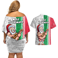 Hawaii Mele Kalikimaka Couples Matching Off Shoulder Short Dress and Hawaiian Shirt Santa Playing Ukele Mix Kakau Pattern Xmas Style LT03 - Polynesian Pride