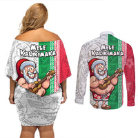 Hawaii Mele Kalikimaka Couples Matching Off Shoulder Short Dress and Long Sleeve Button Shirt Santa Playing Ukele Mix Kakau Pattern Xmas Style LT03 - Polynesian Pride