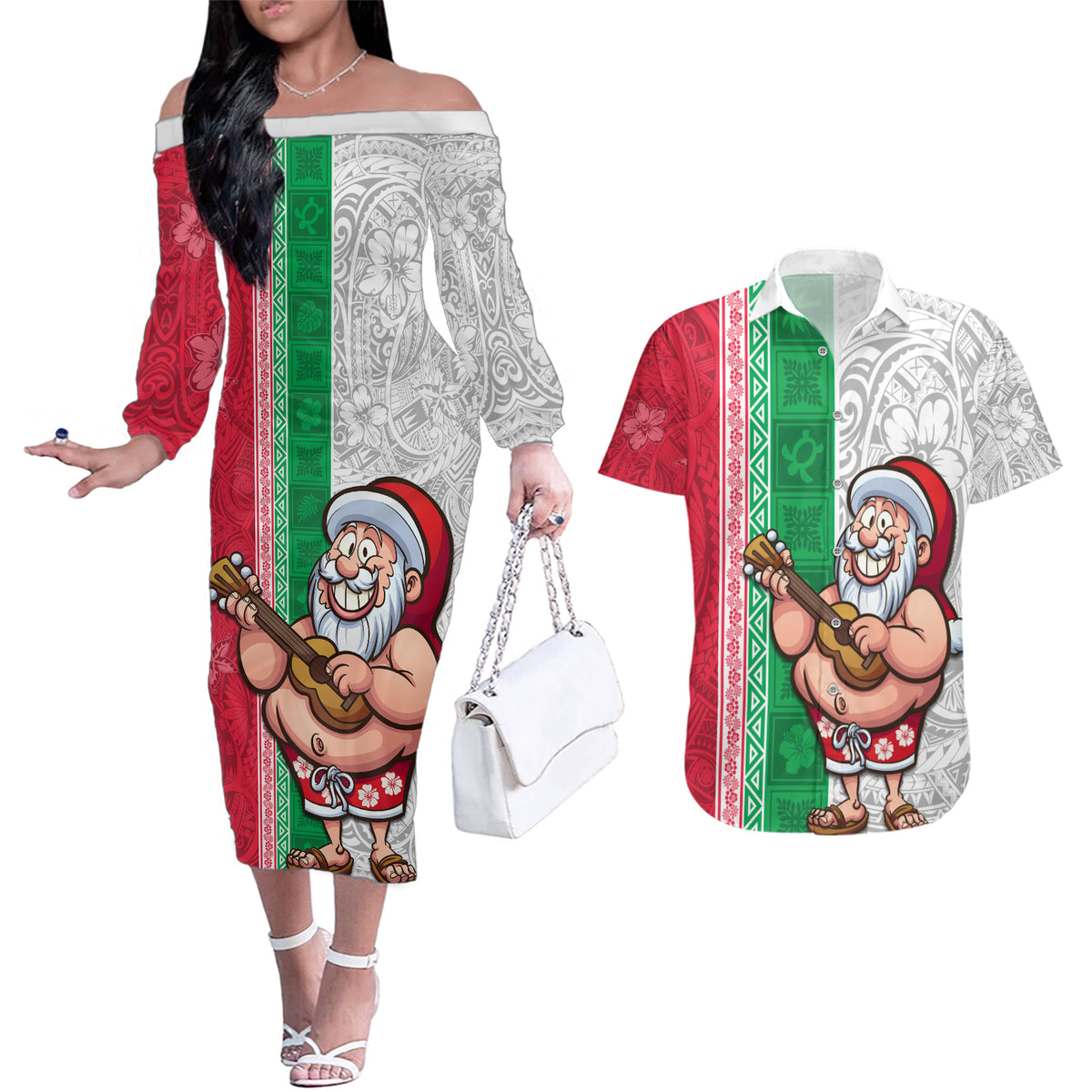 Hawaii Mele Kalikimaka Couples Matching Off The Shoulder Long Sleeve Dress and Hawaiian Shirt Santa Playing Ukele Mix Kakau Pattern Xmas Style LT03 Red - Polynesian Pride