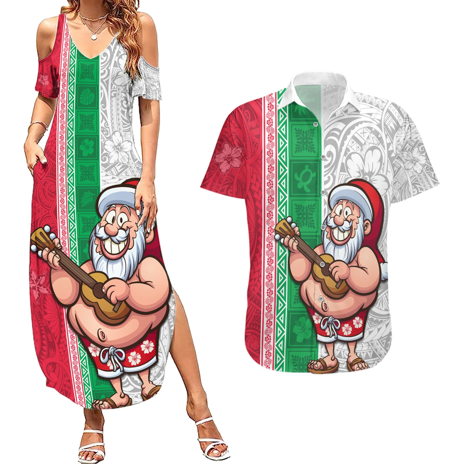 Hawaii Mele Kalikimaka Couples Matching Summer Maxi Dress and Hawaiian Shirt Santa Playing Ukele Mix Kakau Pattern Xmas Style LT03 Red - Polynesian Pride