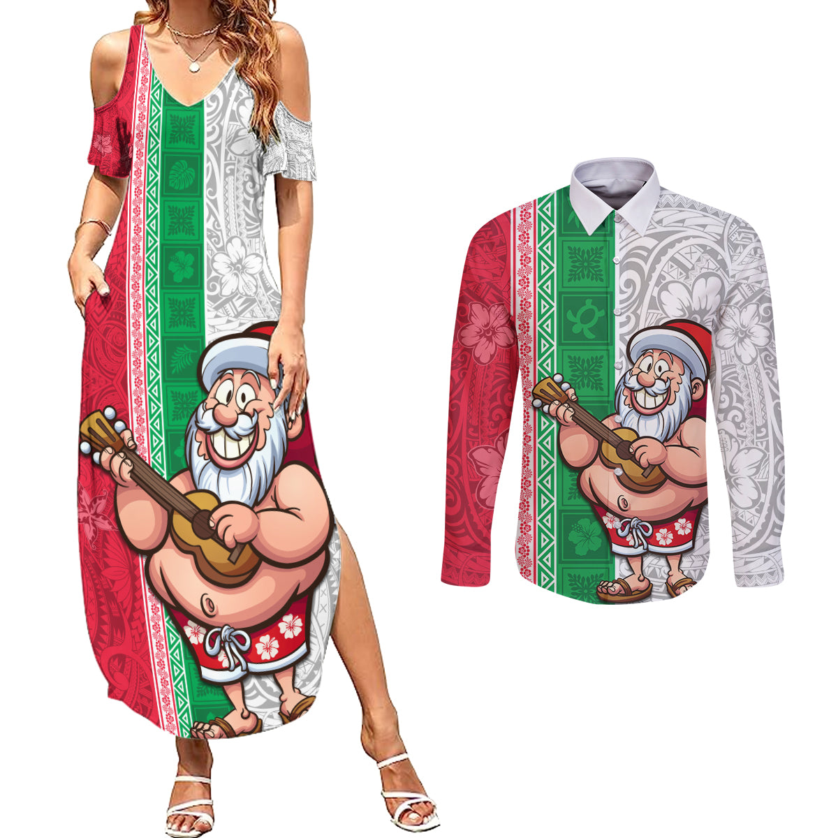 Hawaii Mele Kalikimaka Couples Matching Summer Maxi Dress and Long Sleeve Button Shirt Santa Playing Ukele Mix Kakau Pattern Xmas Style LT03 Red - Polynesian Pride