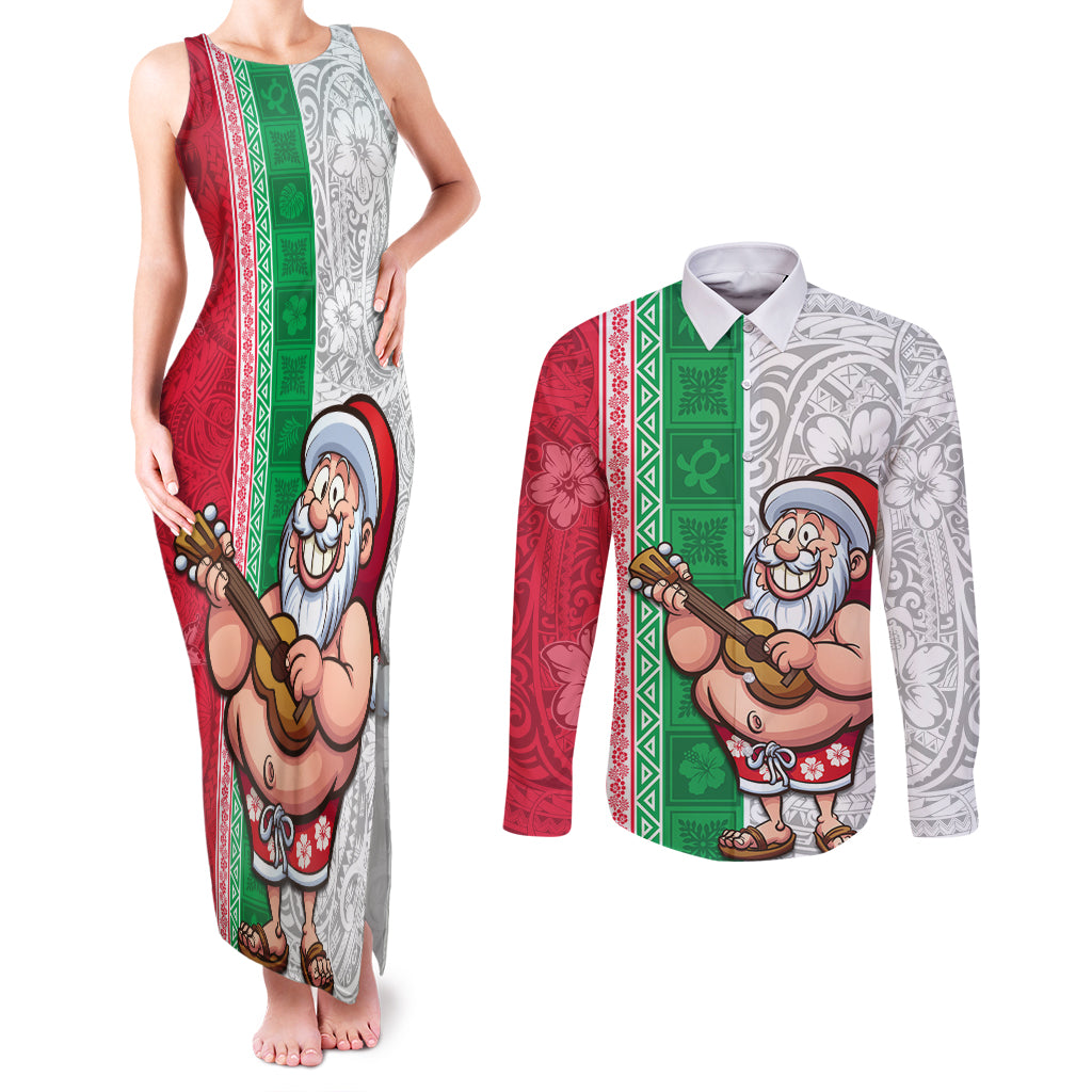 Hawaii Mele Kalikimaka Couples Matching Tank Maxi Dress and Long Sleeve Button Shirt Santa Playing Ukele Mix Kakau Pattern Xmas Style LT03 Red - Polynesian Pride