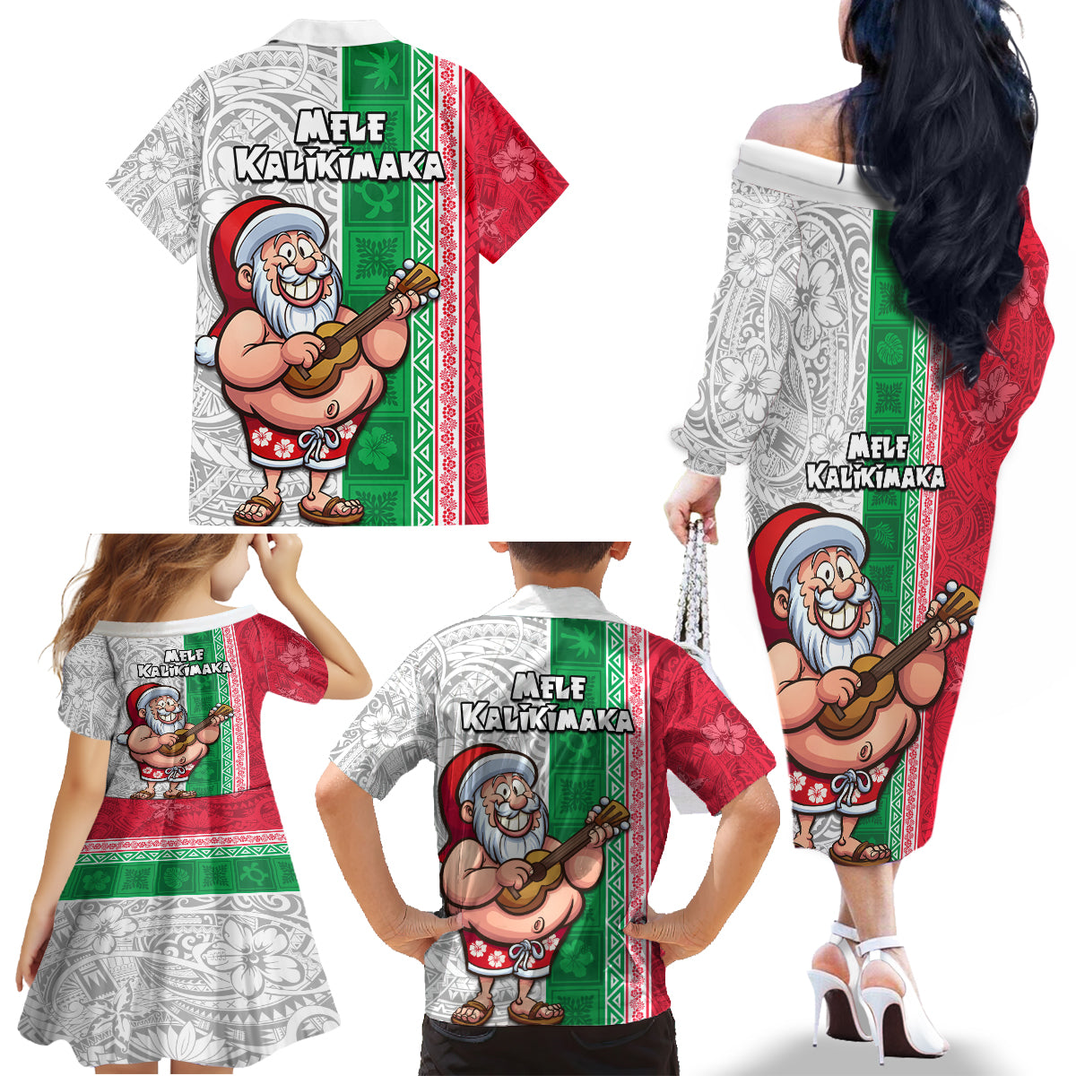 Hawaii Mele Kalikimaka Family Matching Off Shoulder Long Sleeve Dress and Hawaiian Shirt Santa Playing Ukele Mix Kakau Pattern Xmas Style LT03 - Polynesian Pride