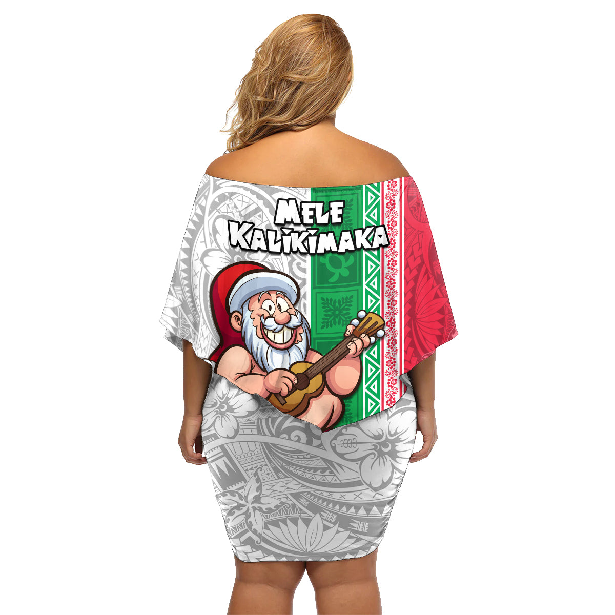 Hawaii Mele Kalikimaka Family Matching Off Shoulder Short Dress and Hawaiian Shirt Santa Playing Ukele Mix Kakau Pattern Xmas Style LT03 - Polynesian Pride