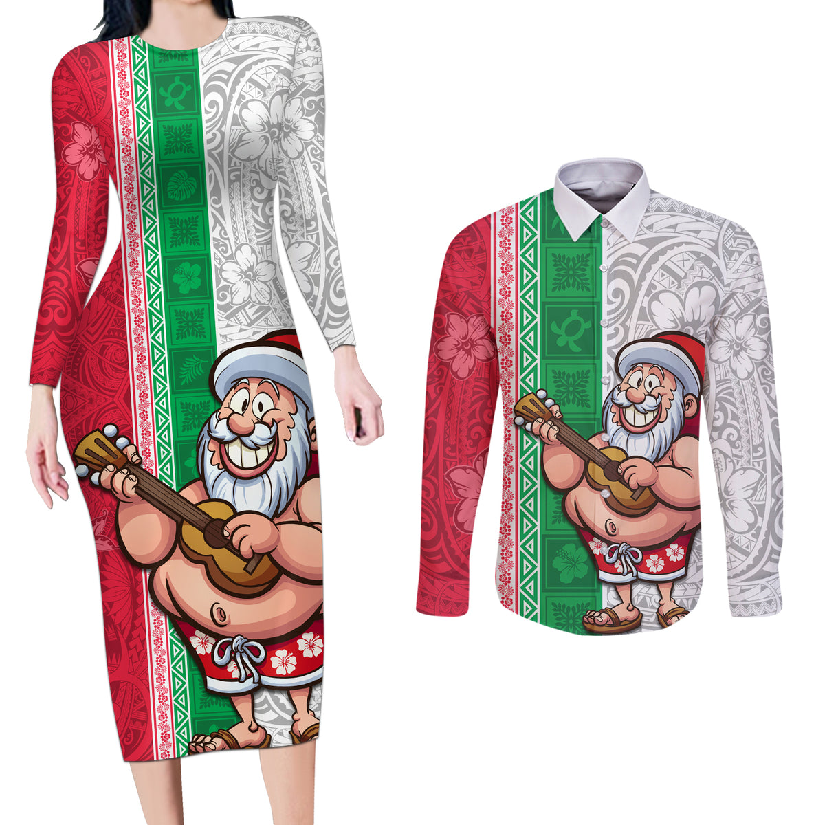 Custom Hawaii Mele Kalikimaka Couples Matching Long Sleeve Bodycon Dress and Long Sleeve Button Shirt Santa Playing Ukele Mix Kakau Pattern Xmas Style LT03 Red - Polynesian Pride