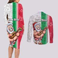 Custom Hawaii Mele Kalikimaka Couples Matching Long Sleeve Bodycon Dress and Long Sleeve Button Shirt Santa Playing Ukele Mix Kakau Pattern Xmas Style LT03 - Polynesian Pride
